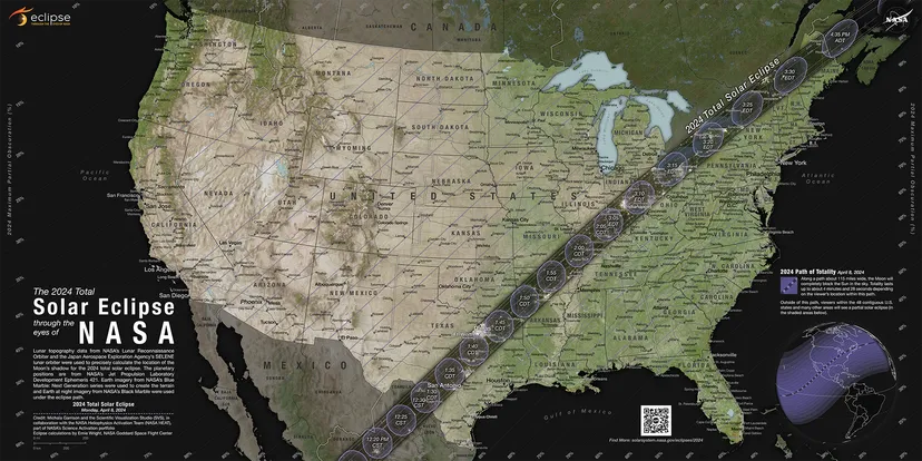 مسار الكسوف الكلي والجزئي الذي يعبر الولايات المتحدة من أجل كسوف الشمس الكلي لعام 2024 الذي سيحدث في 8 أبريل 2024. الصورة: ناسا